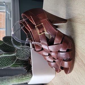 J. Crew Cognac Leather Open Toe Heels